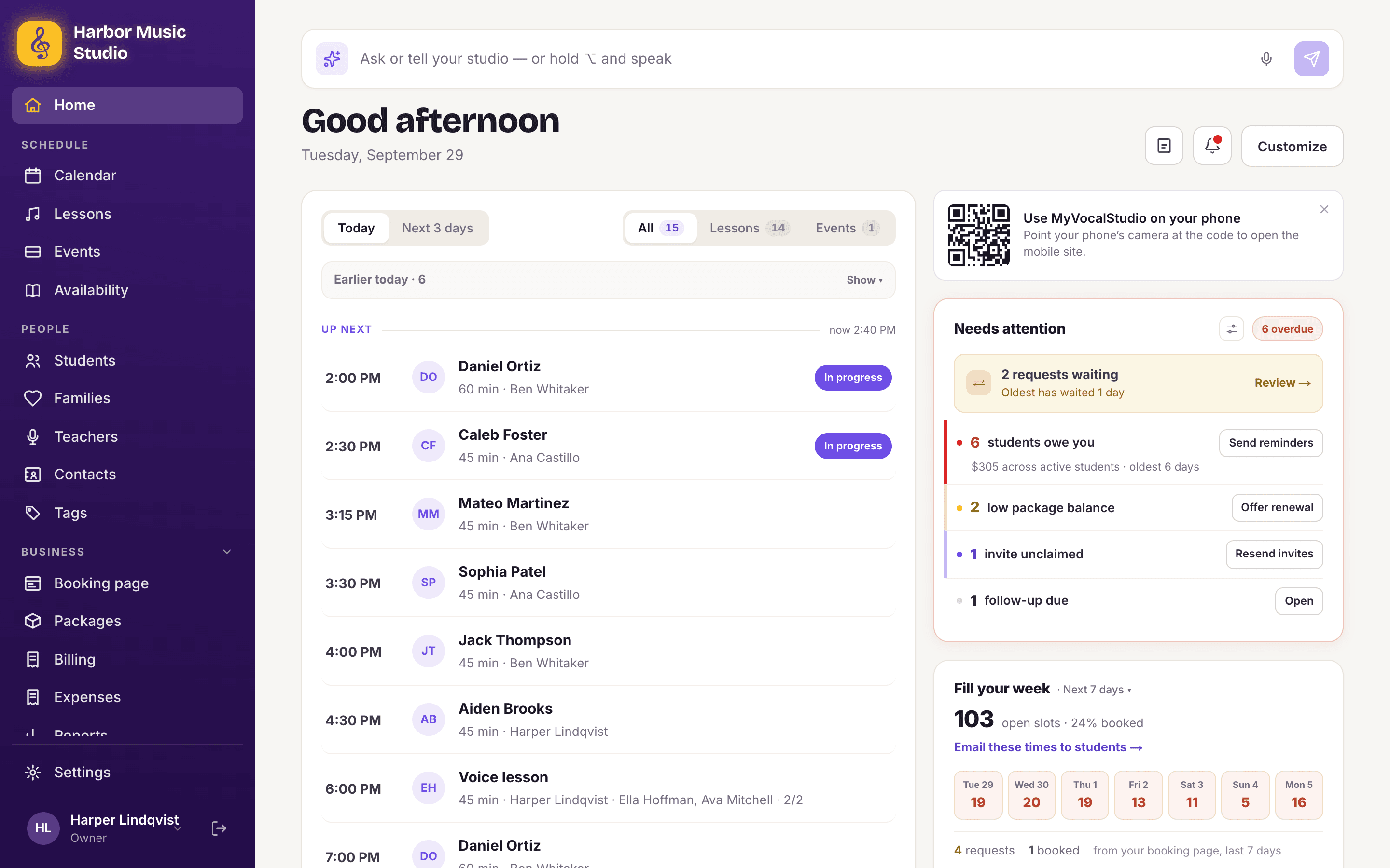 MyVocalStudio home screen showing a teacher’s schedule